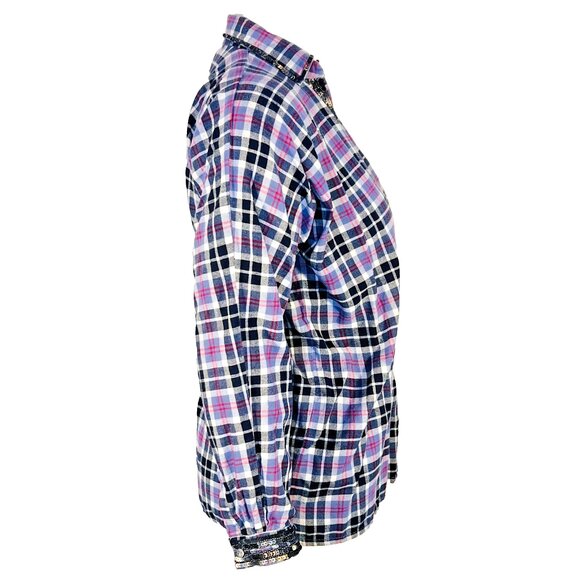 Loobies Story Flannel Shirt Womens S Light Blue Black Sequined Deep V-Neck - Picture 4 of 11